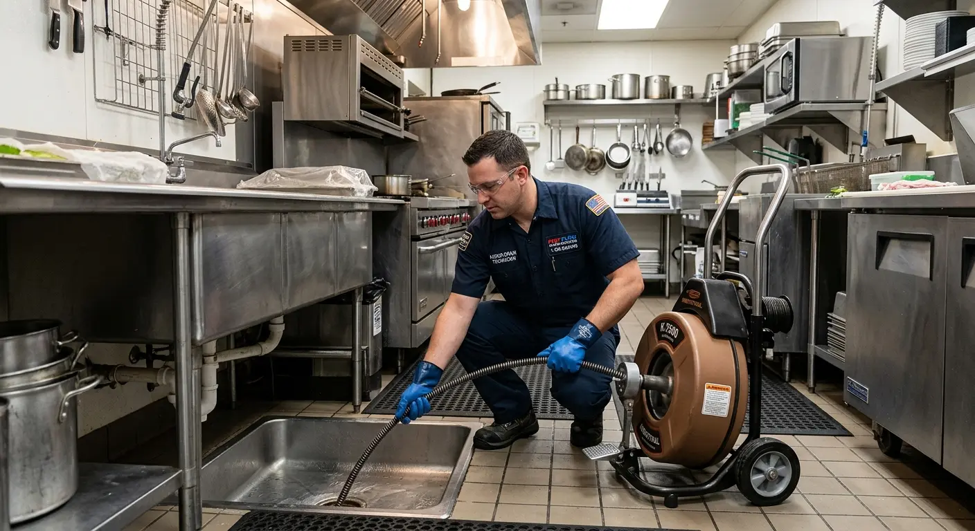 Commercial drain cleaning service in a restaurant kitchen in South Houston