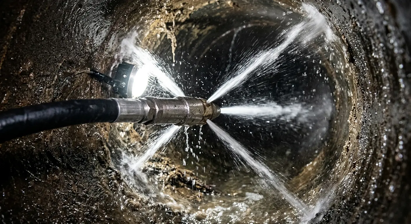 High-pressure hydro jetting nozzle cleaning sewer pipe for Sewer Cleanout in South Houston