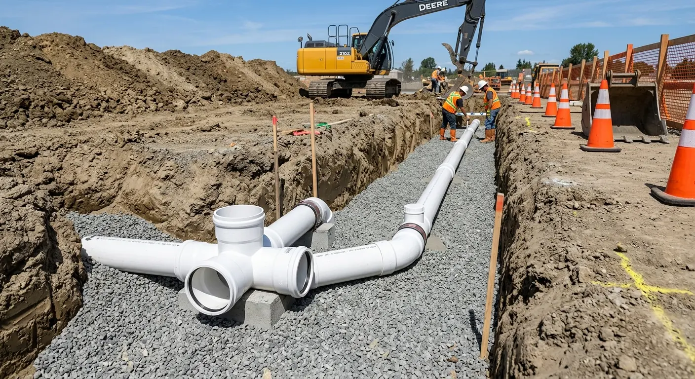 New PVC sewer pipe installation in open trench for Sewer Backup in South Houston