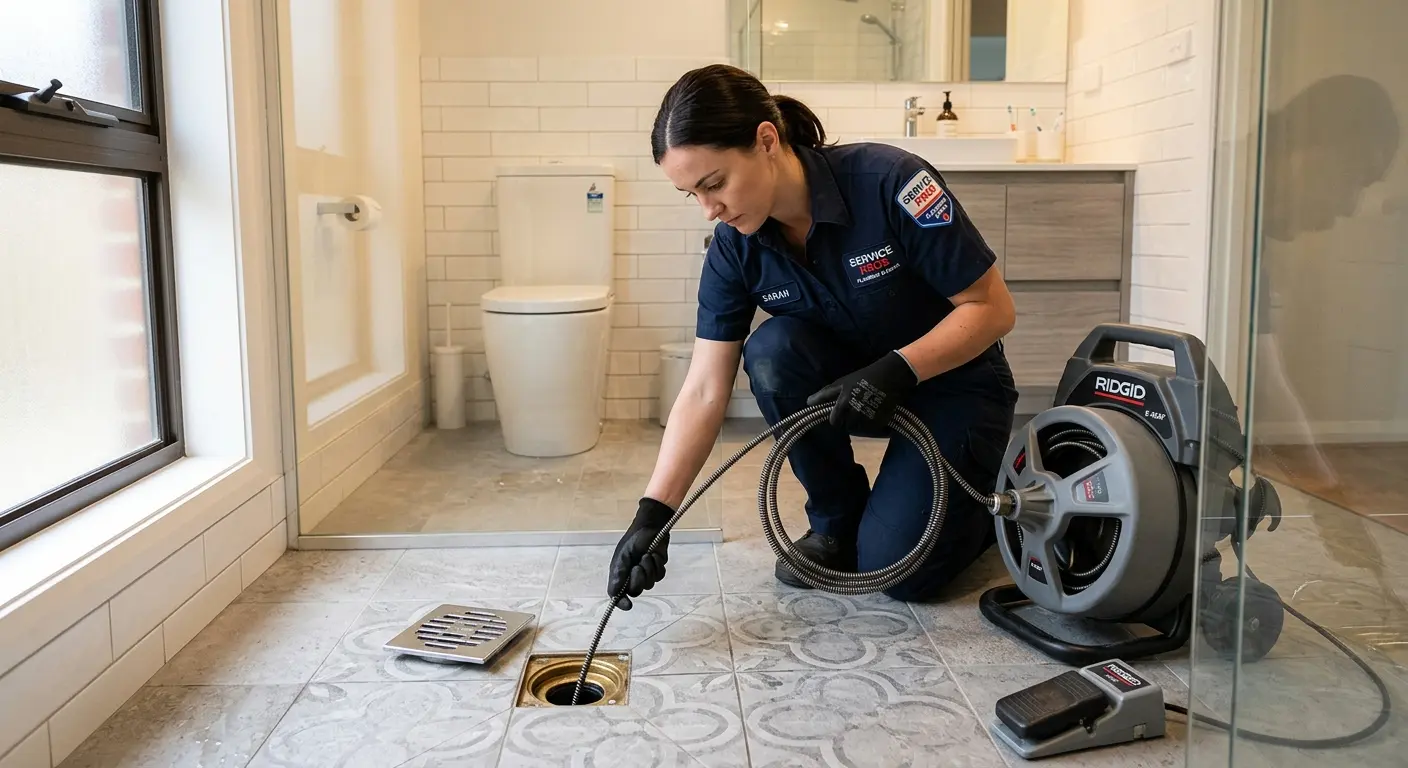Technician clearing a bathroom floor drain for Drain Repair in South Houston